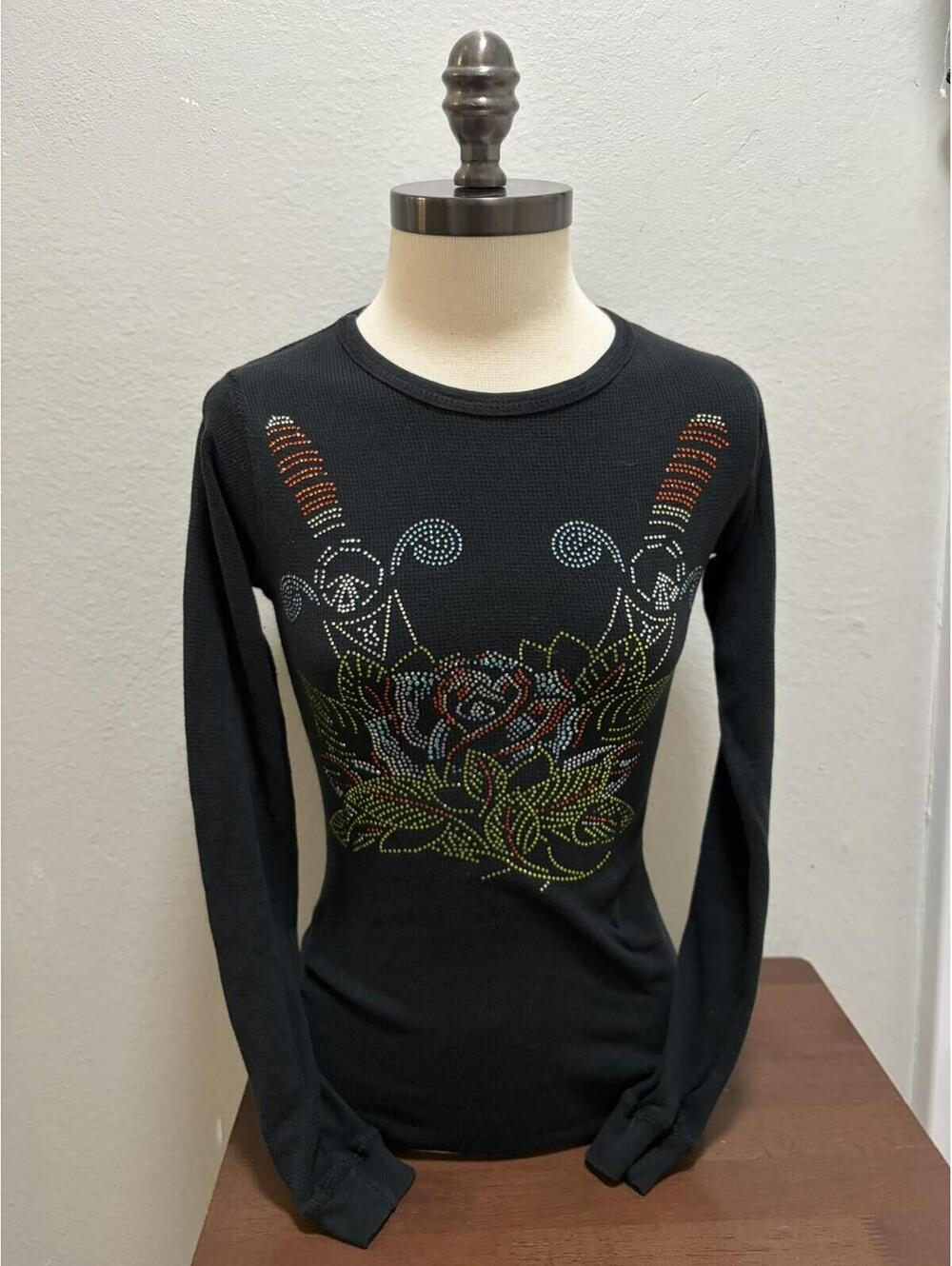 Y2K Roses Rhinestone Embellishment Black Long Sleeve Sz S